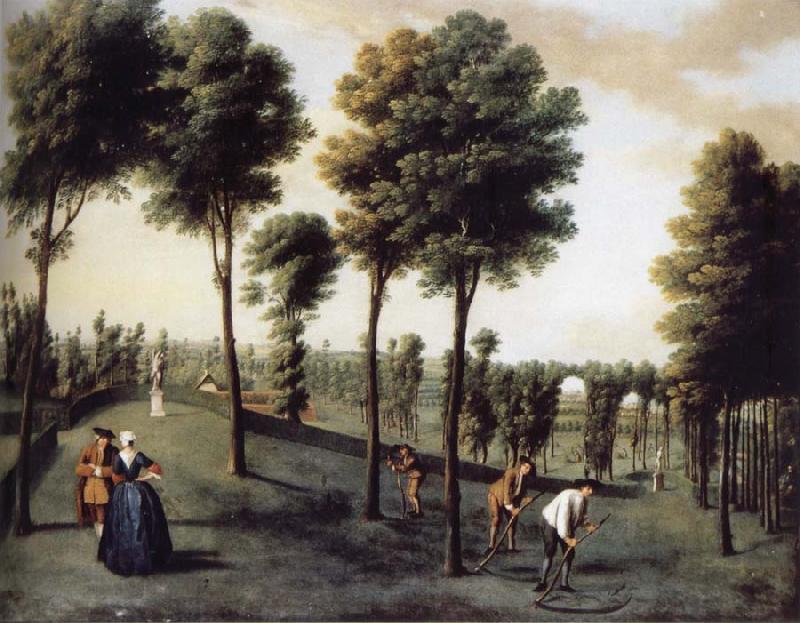 unknow artist Hartwell House,North west area of the gardens with two bastions and men Scything